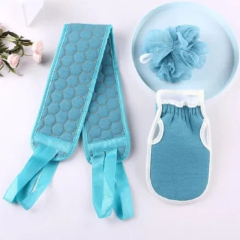 Imported 3 pcs Set of Shower & Bath Kit For Proper Body Hygiene 1 Bath Gloves Brush 1 Bath Shower Ball and 1 Premium Back Scrubber